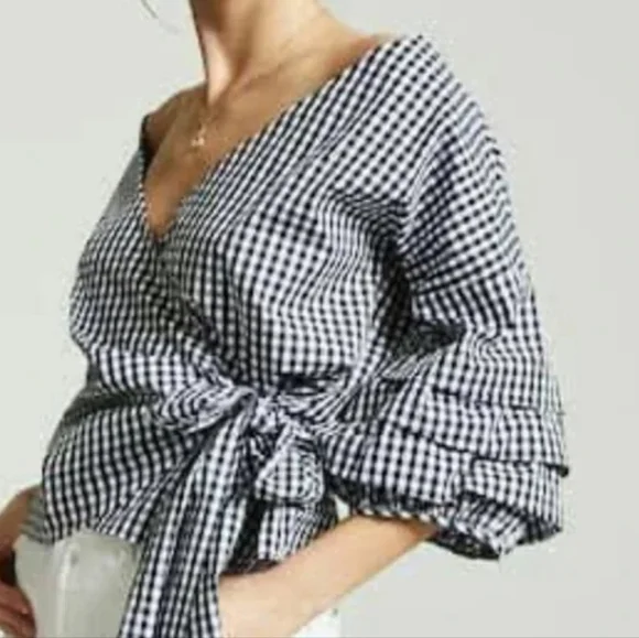 Black and White Gingham Wrap Top - Picture 4 of 4